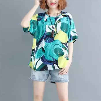 Футболка из хлопка и льна с коротким рукавом и круглым вырезом, женская блузка с винтажным цветочным принтом, рукав семь четвертей, пуловер M 45-50kg