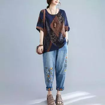 Футболка из хлопка и льна с круглым вырезом и рукавом средней длины в литературном стиле для женщин, тонкая свободная универсальная льняная одежда L жёлтый