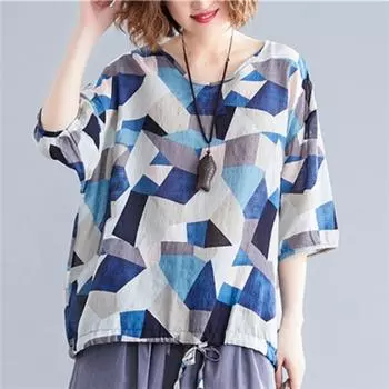 Футболка из хлопка и льна с коротким рукавом и круглым вырезом, женская блузка с винтажным цветочным принтом, рукав семь четвертей, пуловер M 45-50kg