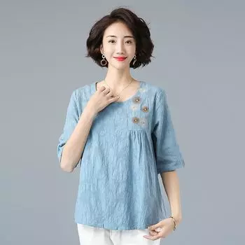 Футболка из хлопка и льна с художественной вышивкой и цветочным узором для женщин, летняя, с короткими рукавами, детская рубашка, свободный утягивающий топ M