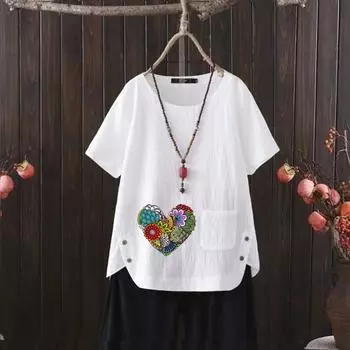 Футболка из хлопка и льна с V-образным вырезом и принтом «Любовь» для женщин — легкая и модная летняя футболка 2025 года S белый