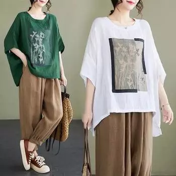 Футболка из хлопка и льна с короткими рукавами, женская летняя футболка большого размера с принтом в западном стиле, утягивающая живот S жёлтый