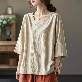 Футболка из хлопка и льна, свободного покроя, большого размера, с рукавом семь четвертей и V-образным вырезом, с художественным верхом, базовая рубашка для женщин L абрикосовый