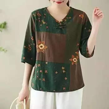 Футболка из хлопка и льна в стиле ретро, женский топ, летний свитер с круглым вырезом, темпераментная рубашка на пуговицах большого размера, маленькая XL