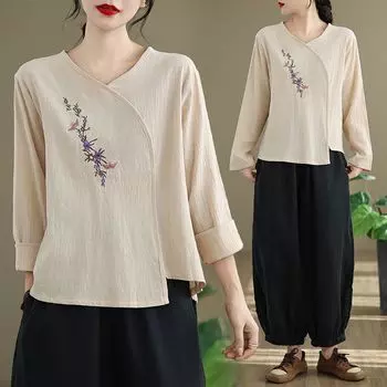 Футболка из хлопка и льна, женская, этническая, в стиле ретро, с художественной свободной вышивкой, ханьфу, из чистого хлопка, с V-образным вырезом, с длинными рукавами, осень M абрикосовый
