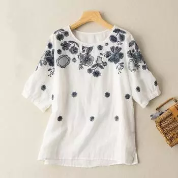 Футболка из хлопка и льна, женская, летняя, с вышивкой, свободная, с короткими рукавами, с цветочным принтом и круглым вырезом XXXXL белый