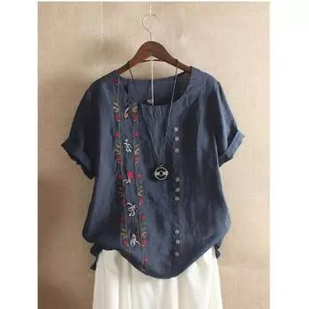 Футболка из хлопка и пеньки с вышивкой, с круглым вырезом и коротким рукавом, свободный универсальный топ, летние футболки для женщин S белый