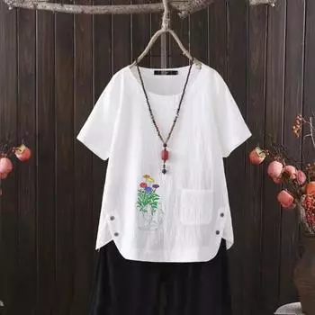 Футболка из хлопка и пеньки с V-образным вырезом в скандинавском стиле с цветочным принтом для женщин - легкая модная одежда лета 2025 года S белый