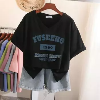 Футболка из хлопка L-5XL большого размера, футболка с коротким рукавом, женская летняя футболка с мультяшным принтом, V-образный вырез, большие футболки L чёрный