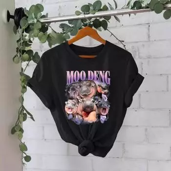 Футболка из хлопка, летняя, с коротким рукавом, круглым вырезом, с принтом MOODENG, женская S белый