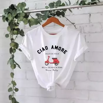 Футболка из хлопка, летняя, с коротким рукавом, круглым вырезом, с принтом, женская S белый