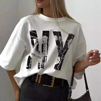 Футболка из хлопка с буквенным принтом, универсальная, женская, летняя, свободная, мягкая, с коротким рукавом, повседневная, универсальная, для офиса, для женщин, топы S белый