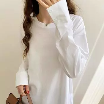 Футболка из хлопка с длинным рукавом женская, начало осени, новая белая рубашка с рукавом, дизайн, смысл в длинном женском топе, ношение ins S