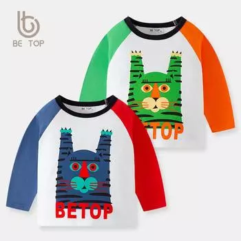 Футболка из хлопка с длинными рукавами и рисунком из мультфильма для мальчиков 2025 года в корейском стиле 100 cm зелёный/тигровый
