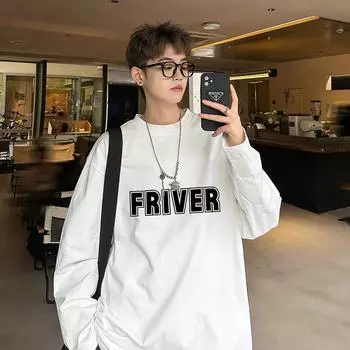 Футболка из хлопка с длинными рукавами, мужская, осенне-зимняя, новинка, японская, минималистская, с буквенным принтом, свободная, свободного кроя, рубашка-основа M белый