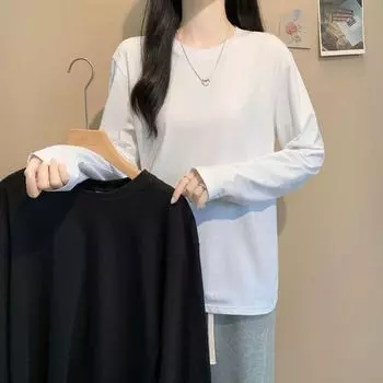 Футболка из хлопка с длинными рукавами, осенняя, женская, свободный топ M белый