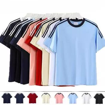 Футболка из хлопка с короткими рукавами и круглым вырезом, с тремя контрастными полосками и накладными плечами из чистого хлопка S