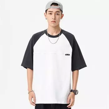 Футболка из хлопка с короткими рукавами, мужская летняя, рукава реглан, контрастные цвета, тренд, свободный покрой S красный