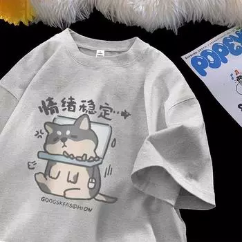 Футболка из хлопка с круглым вырезом и коротким рукавом, женская свободная футболка с принтом на весну и осень XS