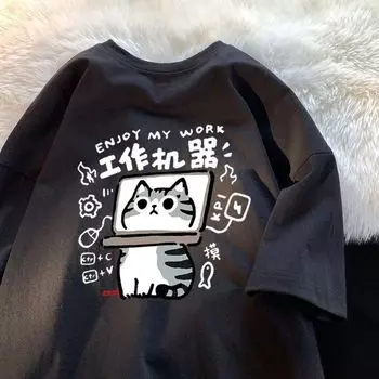 Футболка из хлопка с круглым вырезом и коротким рукавом, женская свободная футболка с принтом на весну и осень XS