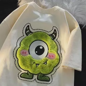 Футболка из хлопка с принтом «3D Furry» от QFD: Женский свободный крой, милый корейский стиль, короткие рукава, идеально подходит для лета и пар. M (40-50 kg) белый