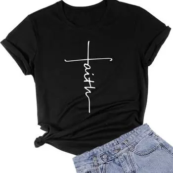 Футболка из хлопка с принтом «Faith Letter» — женский европейский/американский размер, круглый вырез, короткий рукав, дизайн с изображением места внешней торговли. L чёрный