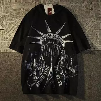 Футболка из хлопка с принтом в стиле ретро с граффити, модная футболка Y2K для мужчин и женщин, свободная уличная футболка с коротким рукавом в стиле хип-хоп Y2K S бежевый