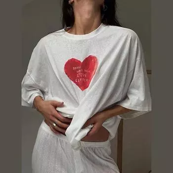 Футболка из хлопка с принтом в виде сердца, женская летняя повседневная футболка с коротким рукавом и круглым вырезом, свободные универсальные простые топы S