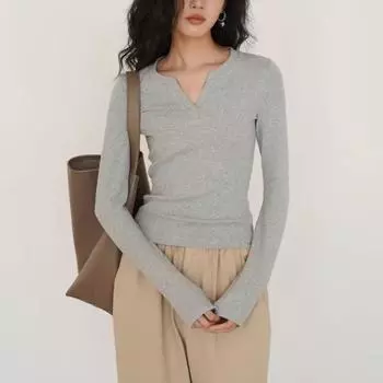 Футболка из хлопка серого цвета с V-образным вырезом и длинными рукавами для женщин, осенняя однотонная базовая рубашка для похудения и модный топ M чёрный