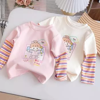 Футболка из хлопка в полоску с длинными рукавами и рисунком для девочек для маленьких и средних детей - весна/осень 90 cm