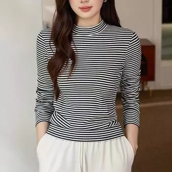 Футболка из хлопка женская с длинным рукавом модная полосатая нижняя рубашка осень и зима новый полувысокий ворот топ S