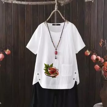 Футболка из льна с цветочным принтом в стиле бохо, женская летняя рубашка с графическим принтом, круглый вырез под горло, размер S-4XL S белый