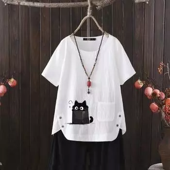 Футболка из льна с цветочным принтом в винтажном стиле, женская летняя рубашка с графическим принтом, вырез горловины в стиле бохо, размер S-4XL S белый