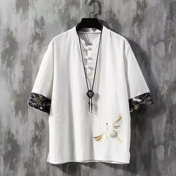 Футболка из льна с короткими рукавами, мужская летняя вышивка в китайском стиле, большой размер, тонкий свободный пиджак в стиле Тан, футболка из хлопка и льна с короткими рукавами XXXXXL зелёный