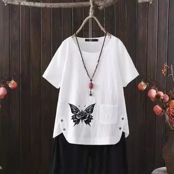 Футболка из льна Summer Essential, женская рубашка с винтажным принтом, стиль бохо S-4XL S белый