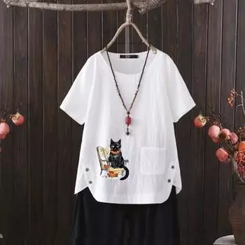 Футболка из льна в стиле летней уличной моды, женская рубашка с винтажным принтом, свободный крой, S-4XL S белый