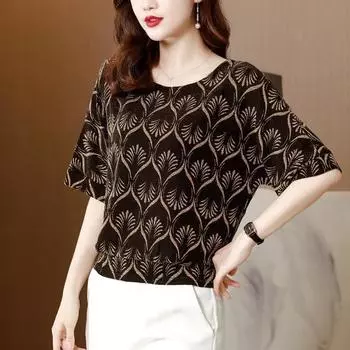 Футболка из ледяного шелка, верхняя женская летняя новая свободная блузка для мамы, пуловеры с круглым воротником и короткими рукавами, 4XL L золотой