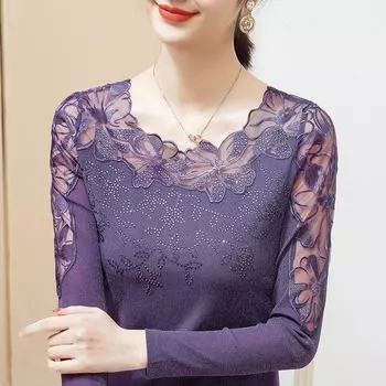 Футболка из марли с кружевной вышивкой Lanxinge: Женский топ с длинными рукавами в стиле вестерн с ромбами 5XL фиолетовый