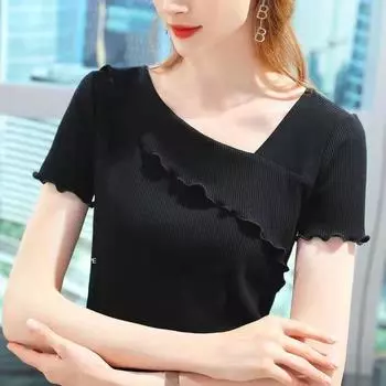 Футболка из модала премиум-класса, женская летняя футболка с коротким рукавом, V-образным вырезом и оборчатой отделкой S белый