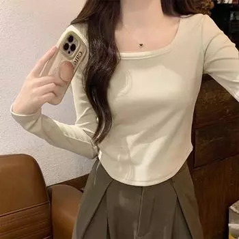 Футболка из немецкого бархата с французским квадратным воротником, утолщенная, женская, осенне-зимняя, с неровным низким воротником и открытыми ключицами, рукав на правом плече S