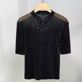 Футболка из яркой шелковой сетчатой пряжи с воротником-стойкой для женщин, новая женская одежда, модная футболка со средними рукавами, топ с отворотом на талии S чёрный
