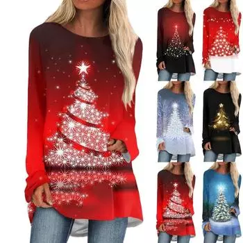 Футболка из рождественской серии 2024 года, женская футболка с круглым вырезом и длинными рукавами с 3D-принтом на весну и осень S