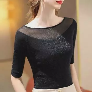 Футболка из шелковой сетки на одно плечо, лето 2024 г. для женщин XL (suggested 100-115 jin)