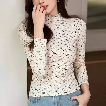 Футболка из шерсти и флиса женская с цветочным принтом на осень и зиму, новая рубашка с длинными рукавами и высоким воротом S
