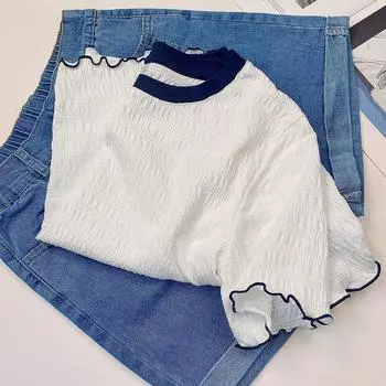 Футболка из шифона с коротким рукавом, контрастного цвета, с круглым вырезом, женская летняя тонкая 2024 года, новый стиль, высококачественная белая футболка с отделкой в виде грибка S