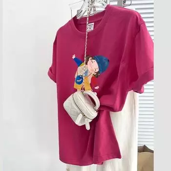 Футболка из высококачественного чистого хлопка 200 г, летняя футболка с забавным мультяшным принтом для женщин, одежда Harajuku, свободная футболка, топы Y2k, уличная одежда для молодых девушек M