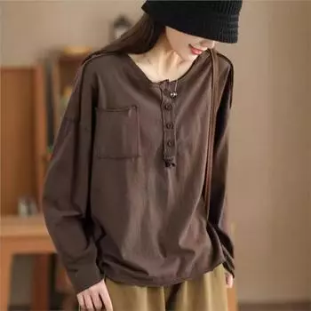 Футболка Johnature Fashion Personality Splicing Casual T-Shirt Женская осенняя повседневная однотонная свободная футболка с круглым вырезом One Size оранжевый