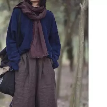 Футболка Johnature Women Winter Niche Vintage Splice, однотонная футболка с длинными рукавами One Size синий