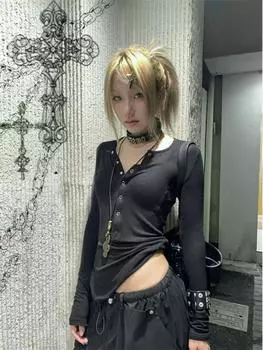 Футболка Karrcat Trashy Y2k Button T Shirt Grunge Aesthetics Black Ribbed Tops Gothic Vintage Harajuku Футболка с длинным рукавом American S белый
