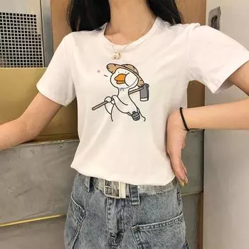 Футболка Kawaii Cartoon Duck Femme с летним принтом животных Женская футболка с круглым вырезом Повседневная 2XL белый